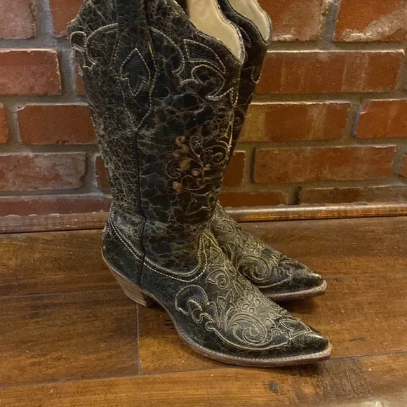 Corral Western Women's Black Vintage Lizard Inlay Boots M. Size 7 - Picture 12 of 16
